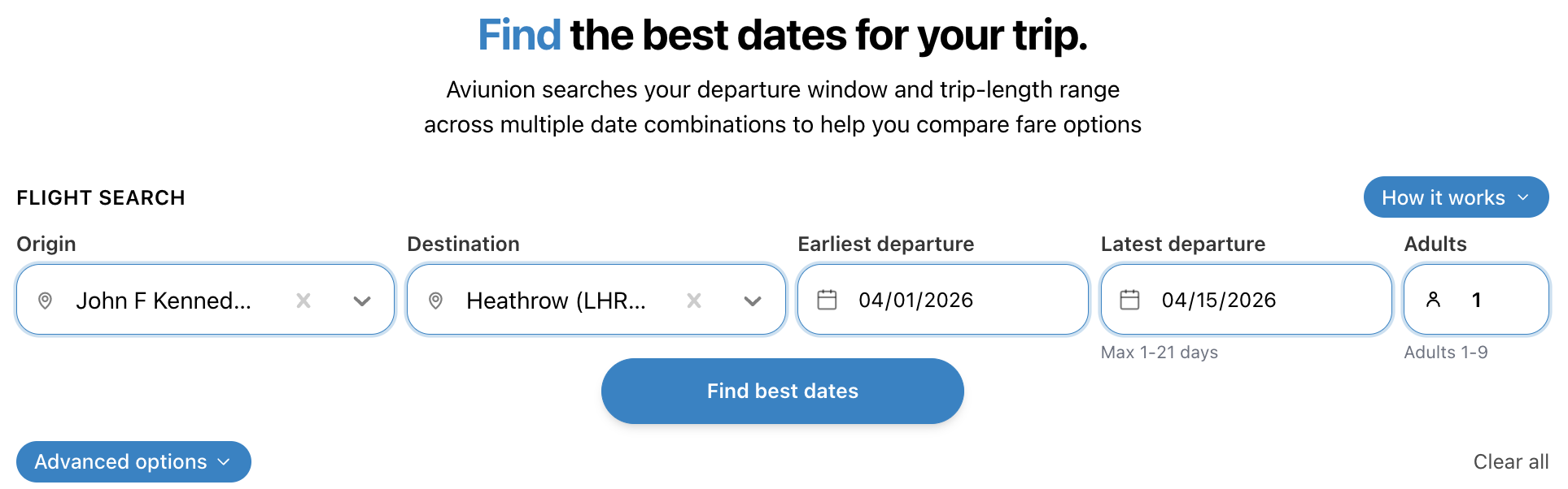Calendar search form with origin, destination, departure window, and adults