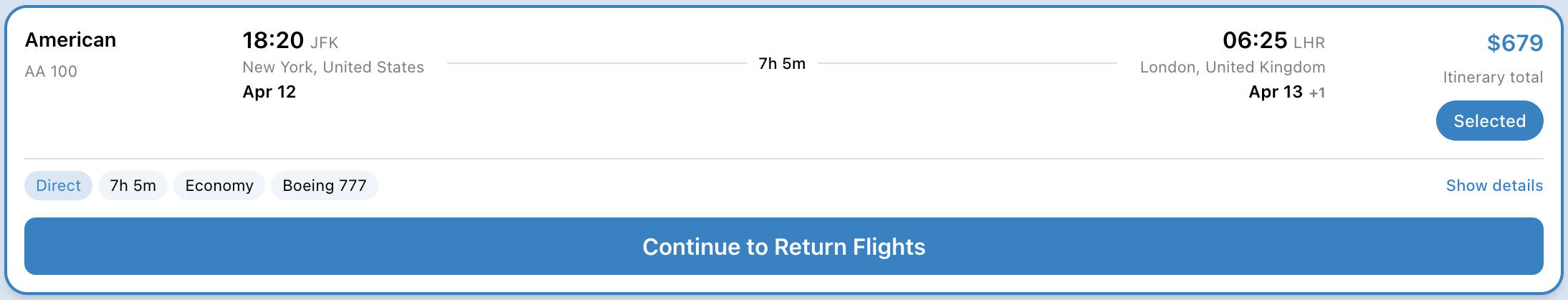 Departing flight selected with Continue to Return Flights button