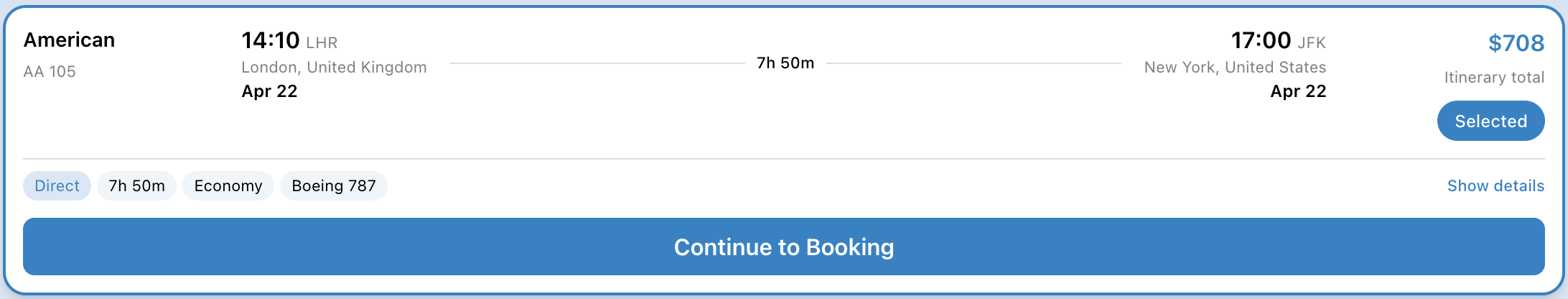 Returning flight selected with Continue to Booking button