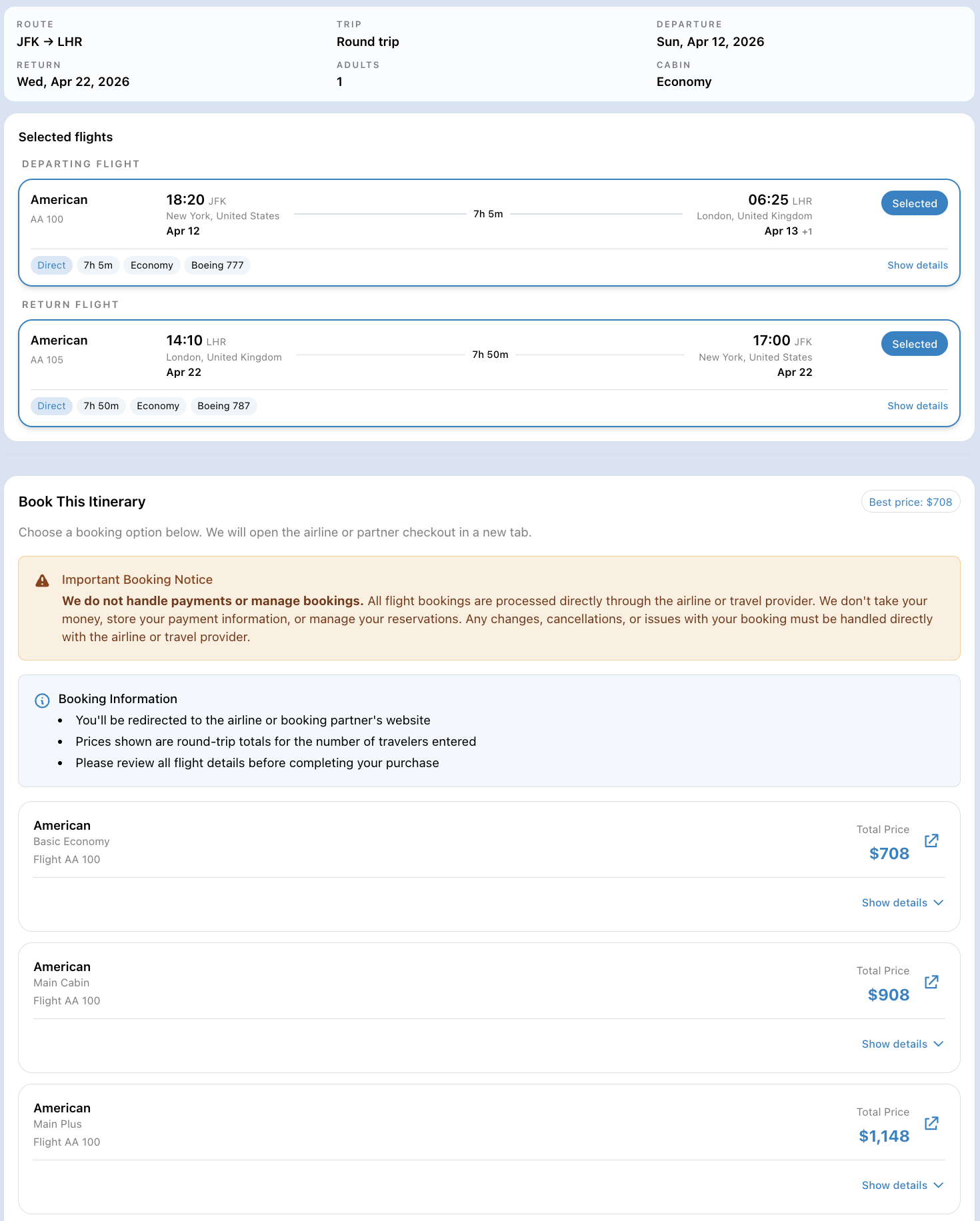 Trip details page with both legs selected, fare tier totals, and Book links to the provider