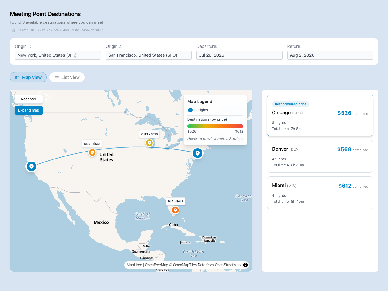 Aviunion map and destination cards comparing Chicago, Denver, and Miami for travelers from New York and San Francisco