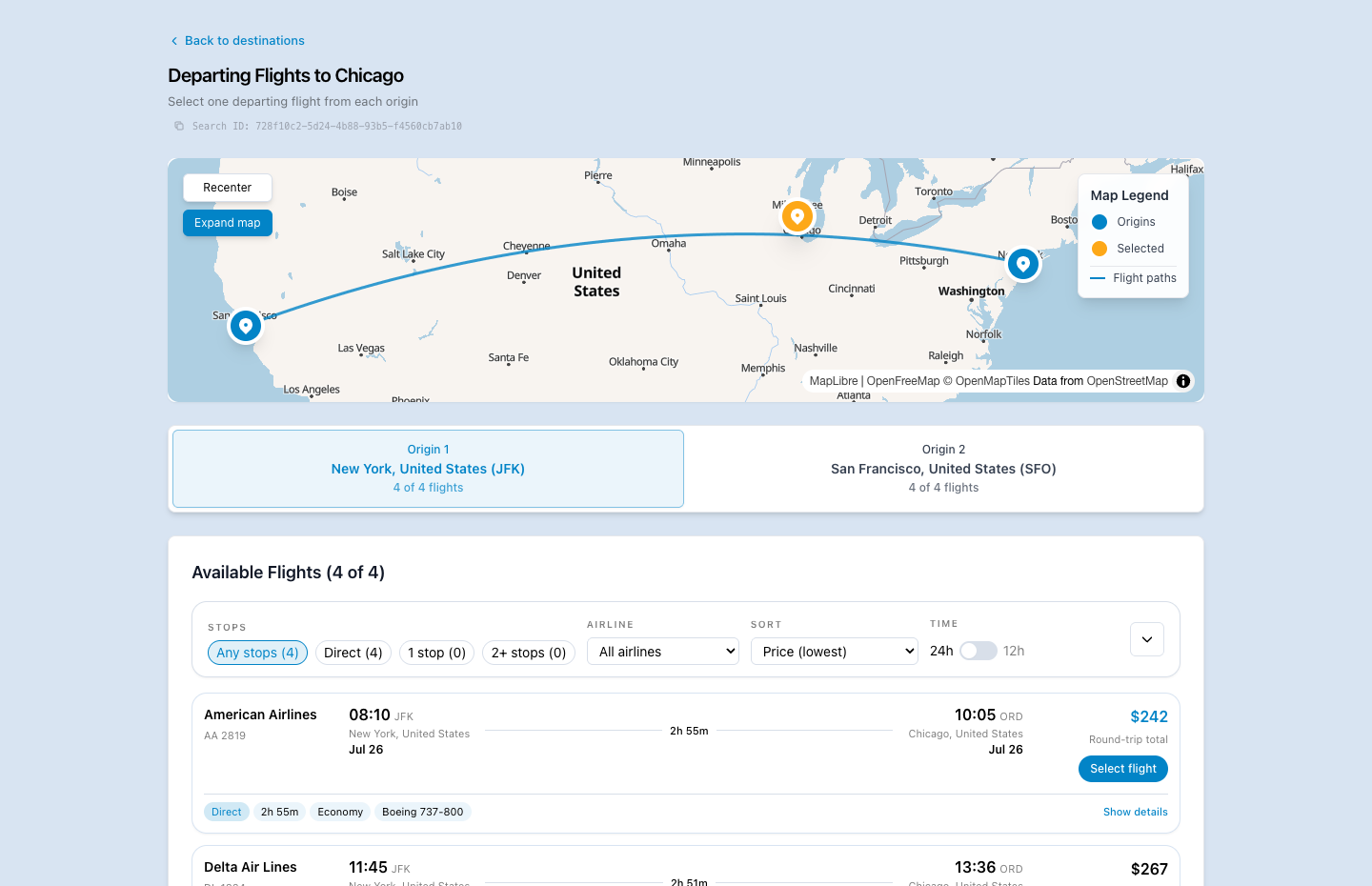 Aviunion departing-flight comparison for New York and San Francisco travelers meeting in Chicago