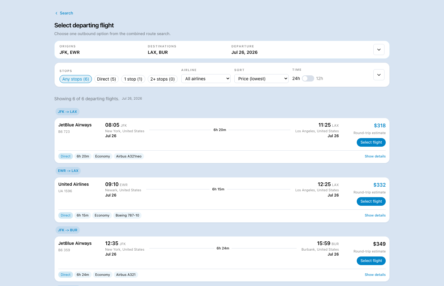 Aviunion combined departing-flight results for JFK and Newark to Los Angeles and Burbank