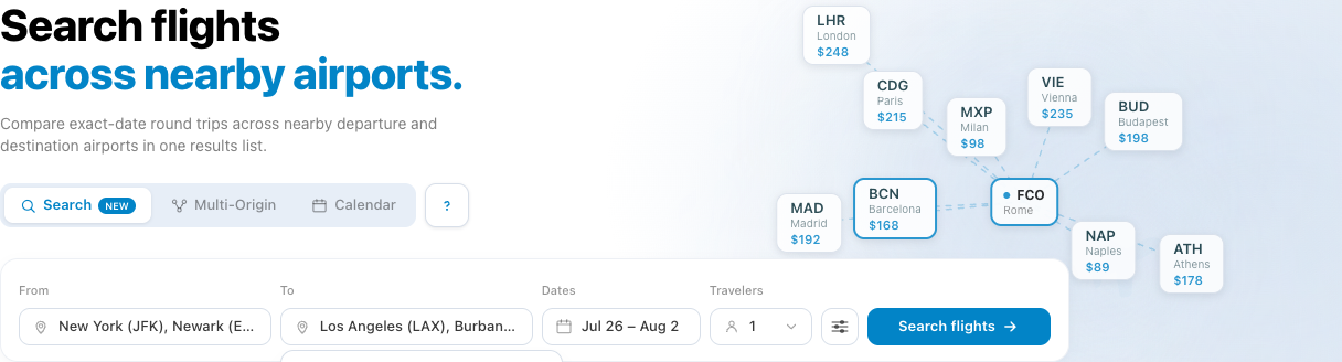 Aviunion Flight Search with JFK and Newark as origins and Los Angeles and Burbank as destinations