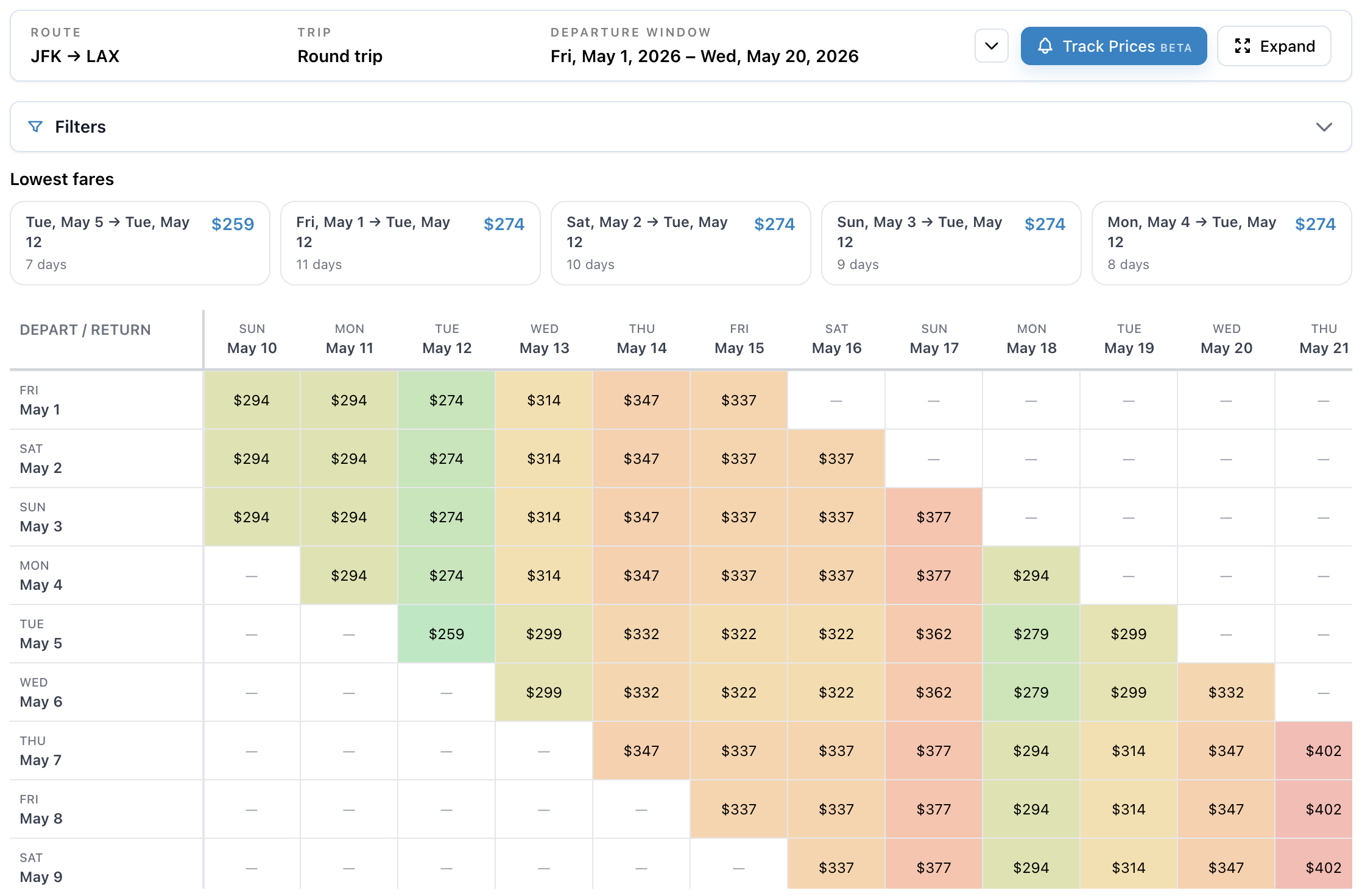 Calendar Search price grid showing sample departure and return dates with color-coded fares.