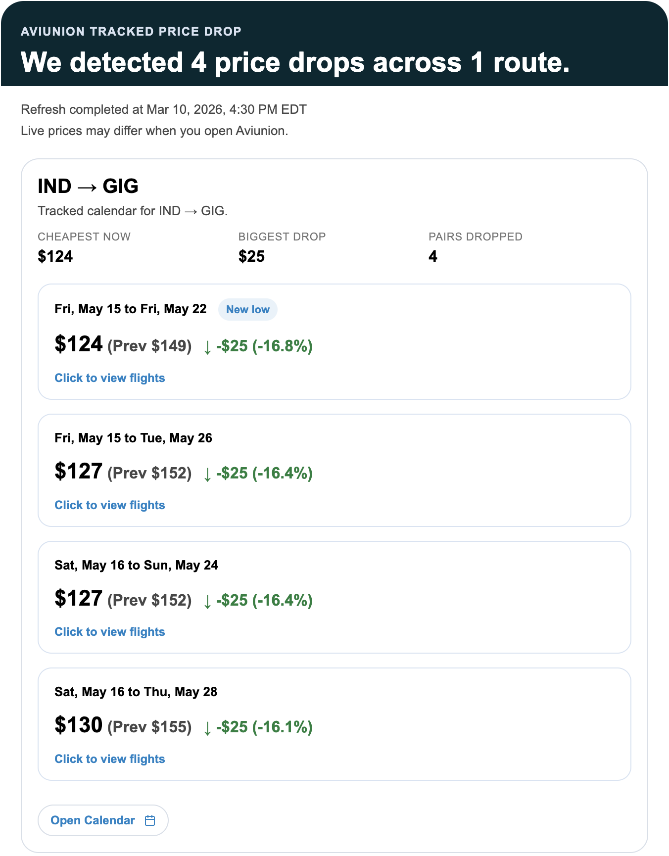Sample daily email when tracked fares drop on a route.