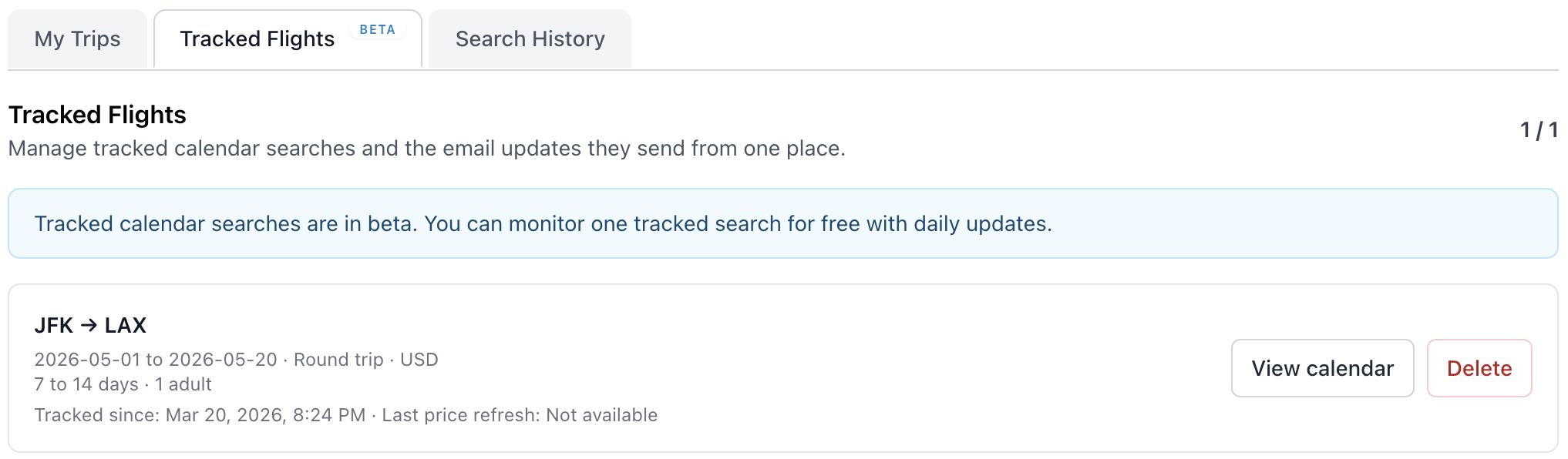 Tracked Flights list in account showing a monitored calendar route and refresh status.