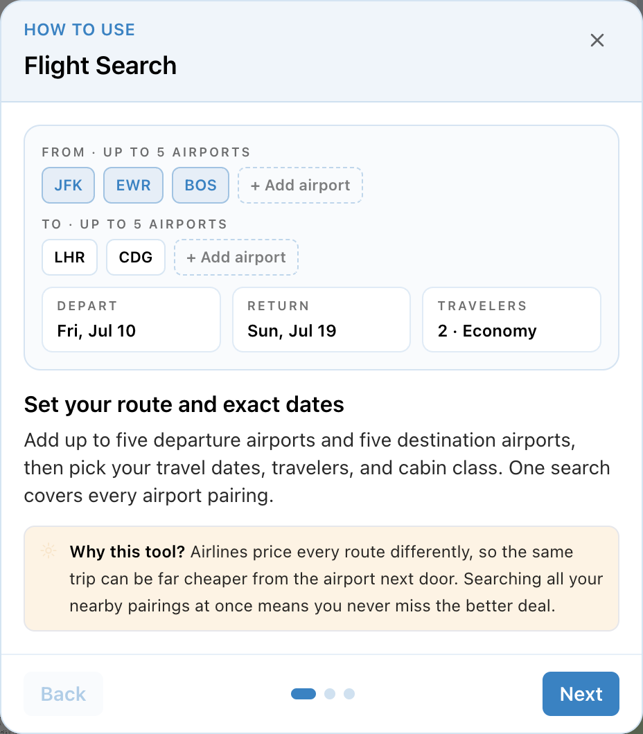 Flight Search help slide 1: set your route and exact dates across nearby airports.