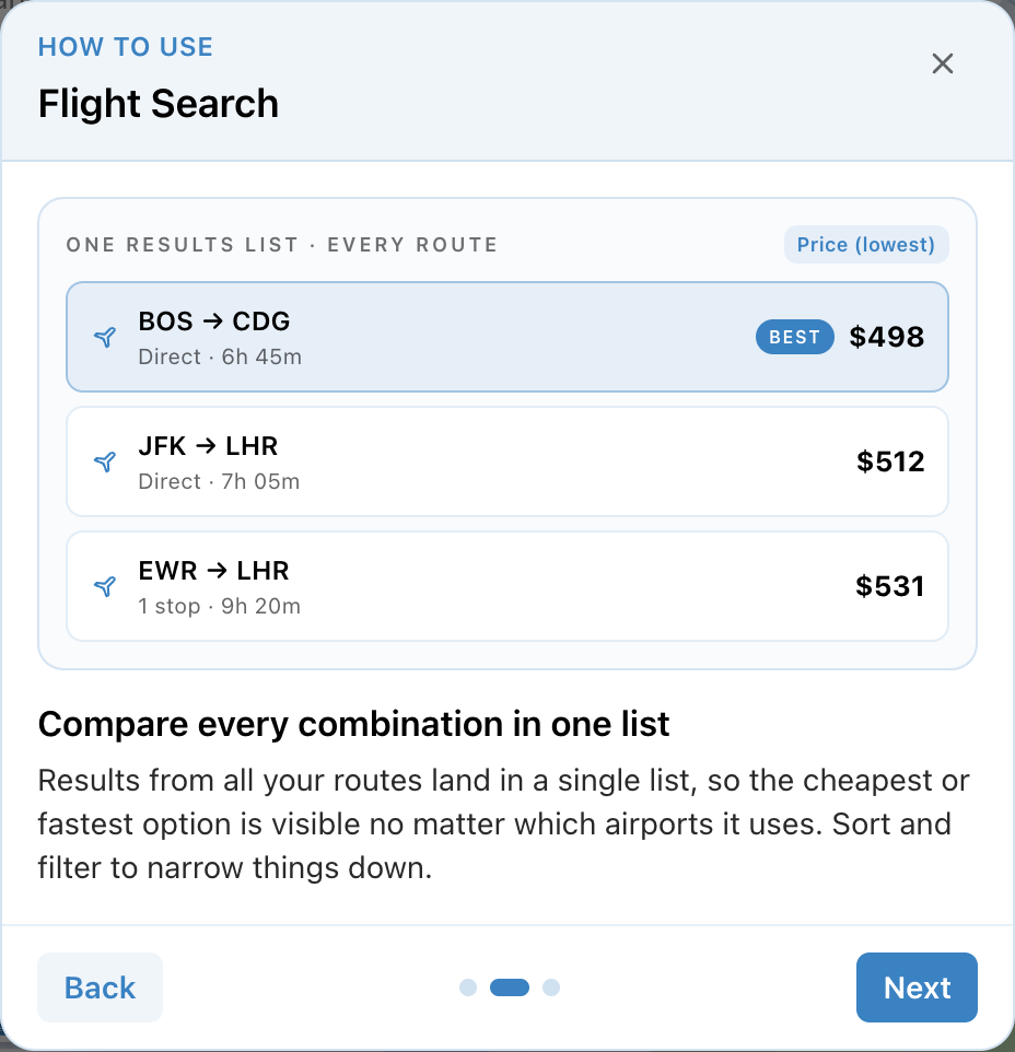 Flight Search help slide 2: compare every airport combination in one results list.