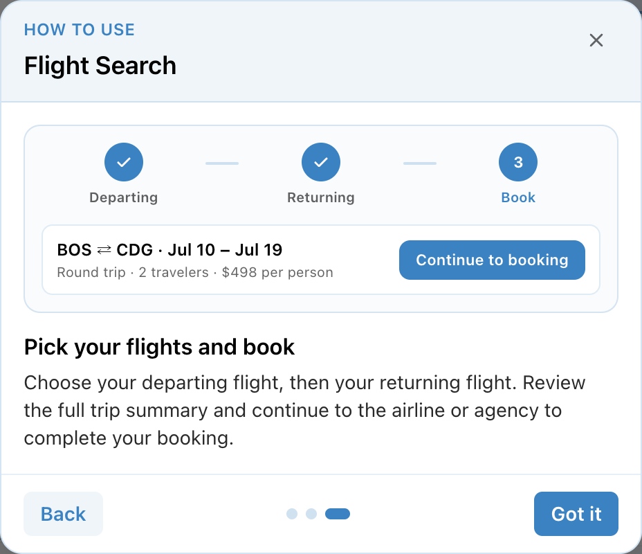 Flight Search help slide 3: pick departing and returning flights, then continue to booking.